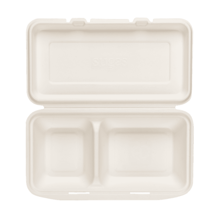 Bagasse(SugerCane) Biodegradable, 2 Compartment Clamshell Box-01